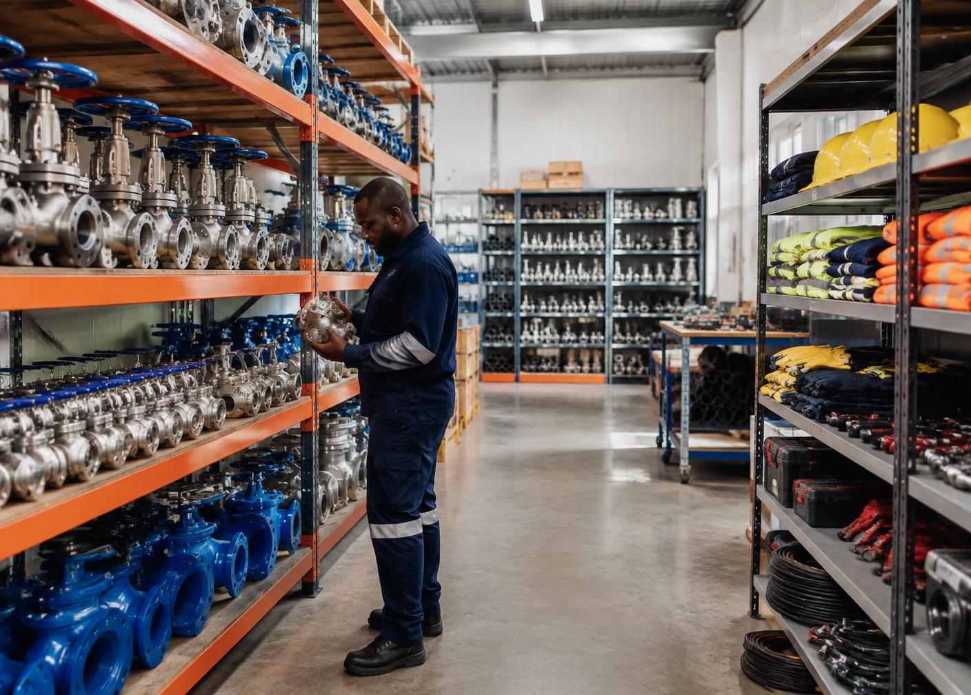 Warehouse shelves stocked with industrial engineering parts and supplies