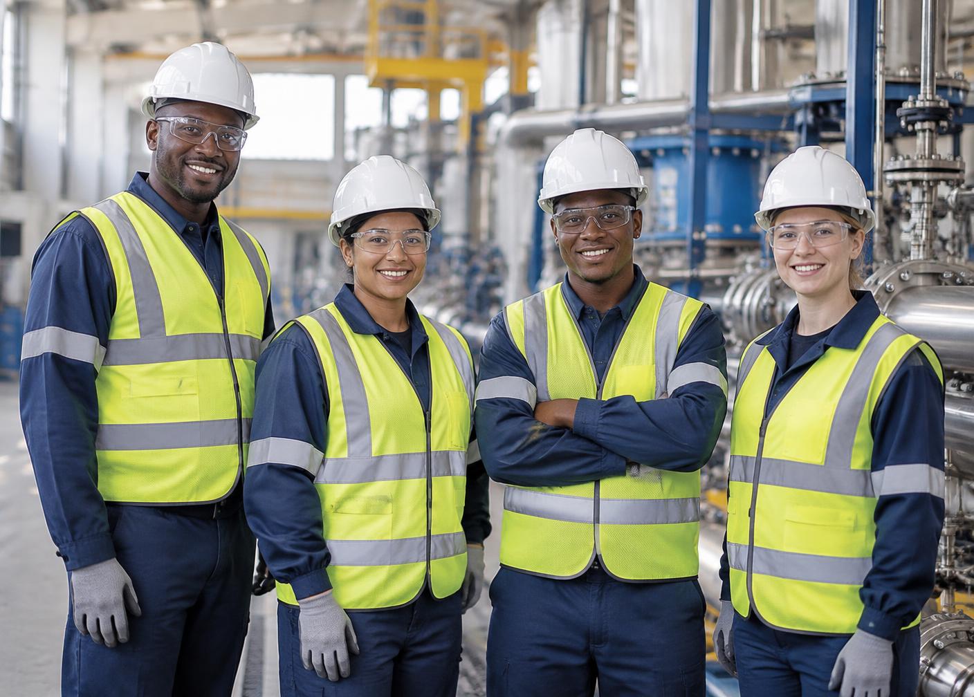 Industrial team in professional safety gear working together